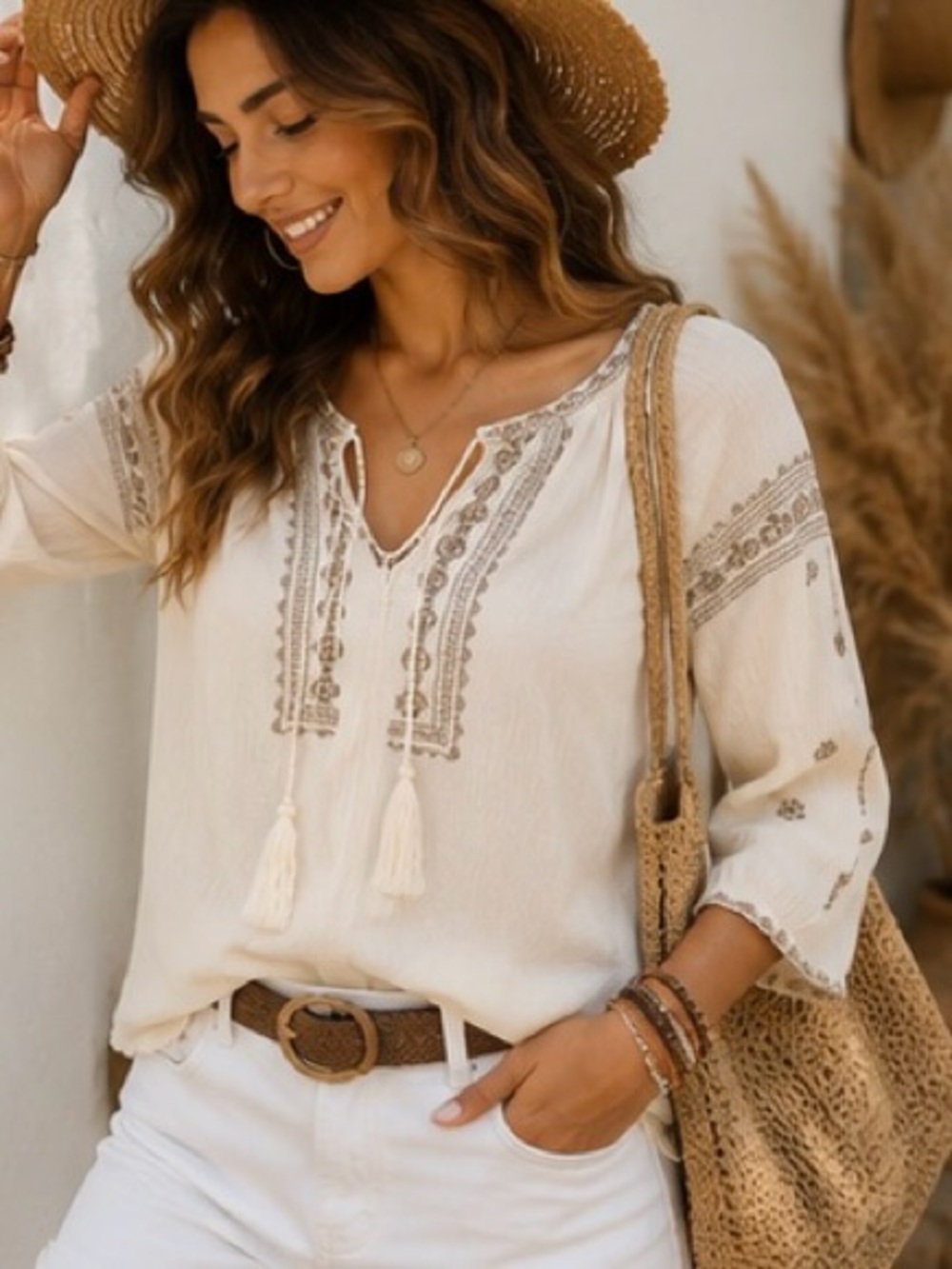 Solitaire Cream Embroidered Tassel Peasant Tunic Rayon Size S Boho Chic